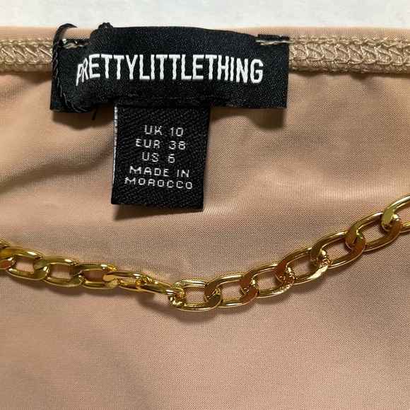 NWT PrettyLittleThing Beige Stone Bodycon Halter Mini Dress Gold Chain UK10 US6 - Picture 10 of 11